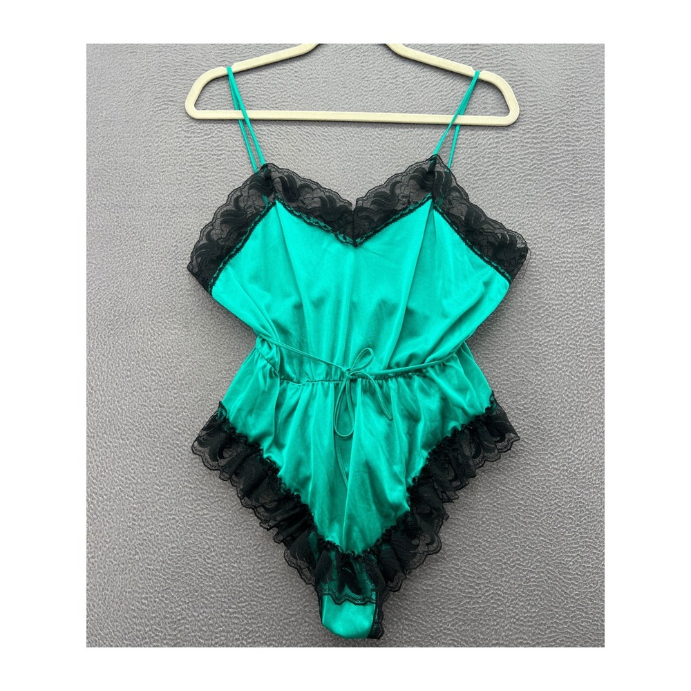 Vintage Bari Teddy Bodysuit Lingerie Emerald Green Black Large USA Satin Lace